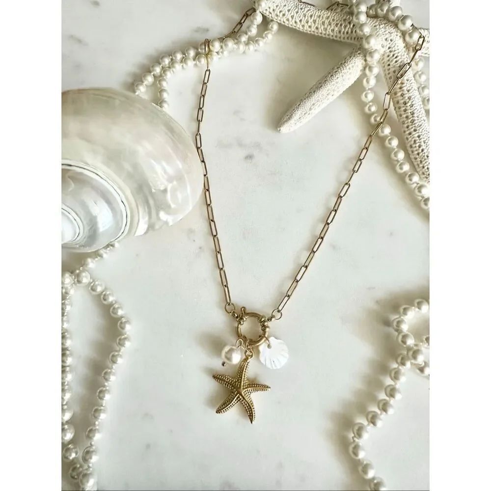 Starfish and faux pearl sea shell paper clip necklace